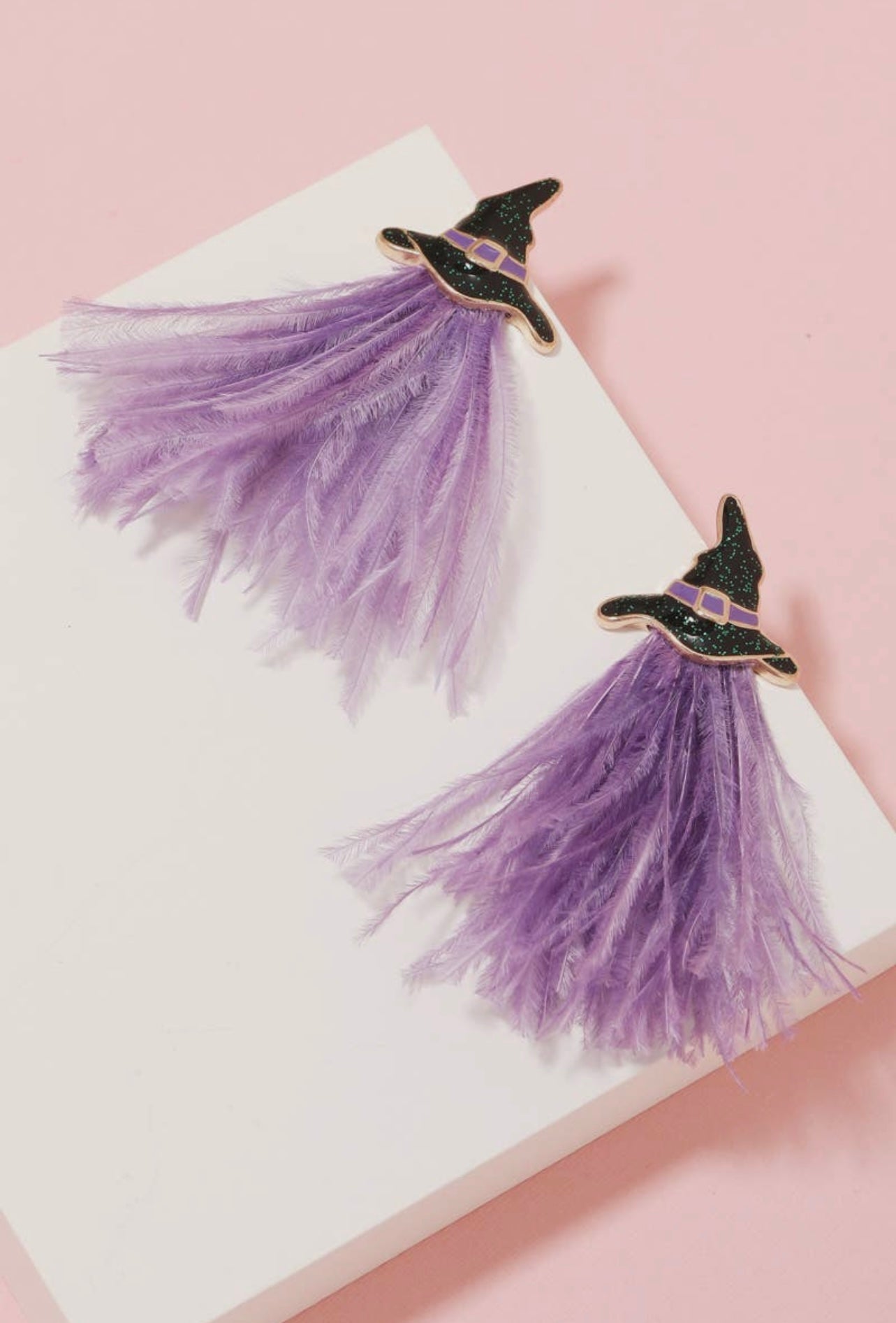 Feathered Witch Hat Earrings -Purple