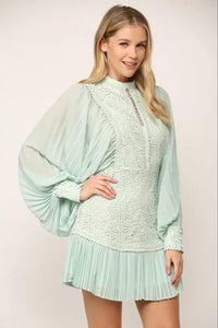 Pleated Sleeve Lace Dress - Mint