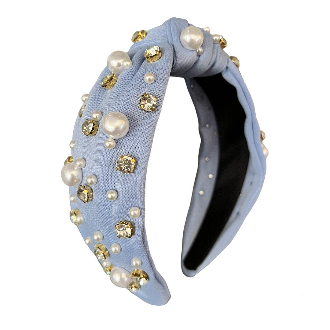 Rhinestone & Pearl Headband - Light Blue