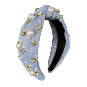 Rhinestone & Pearl Headband - Light Blue