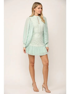 Pleated Sleeve Lace Dress - Mint