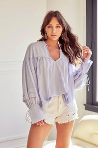 Pleated Tie Neck & Cuff Sleeve Blouse - Cloudy Blue