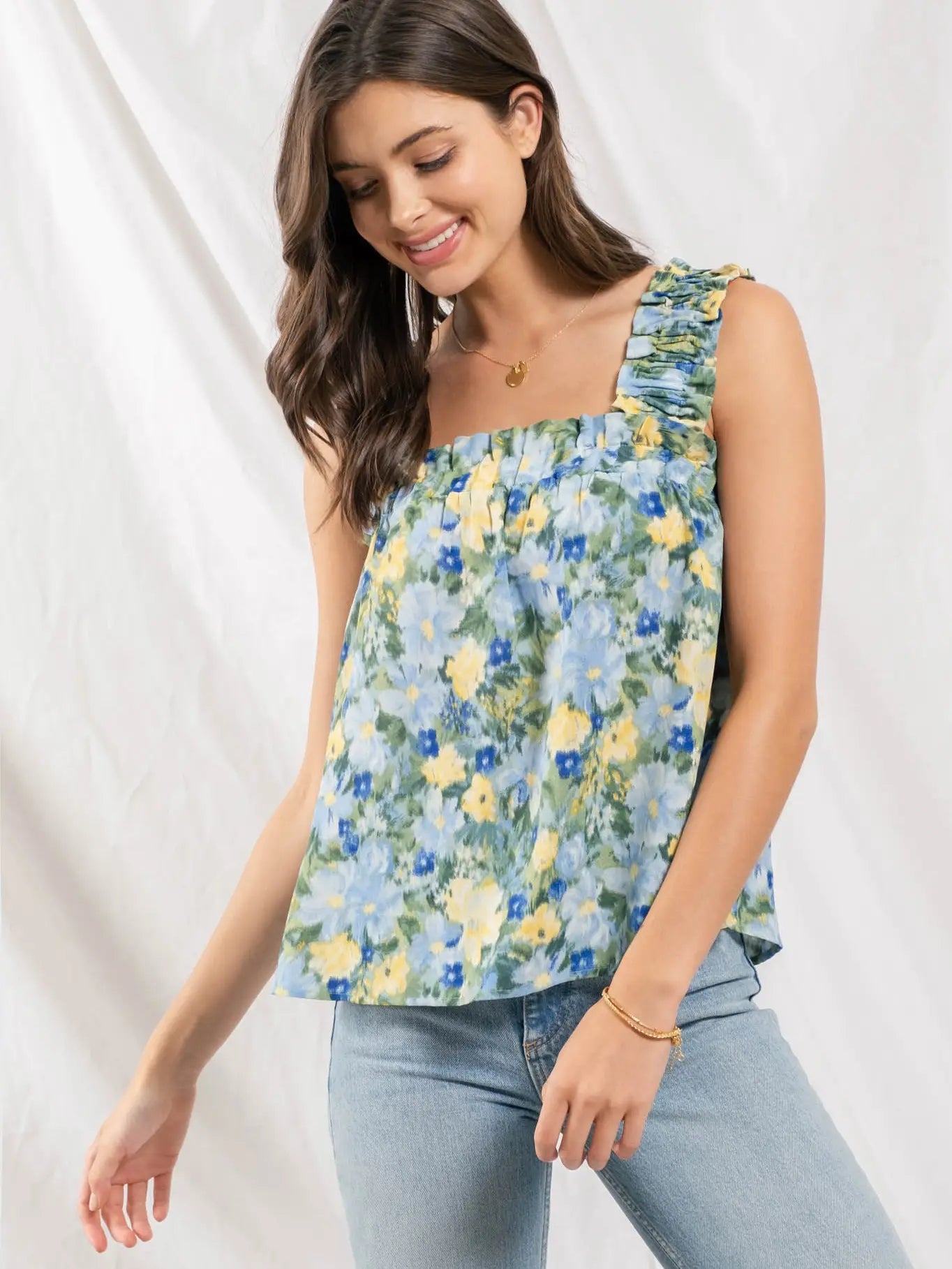 Floral Ruched Top - Blue
