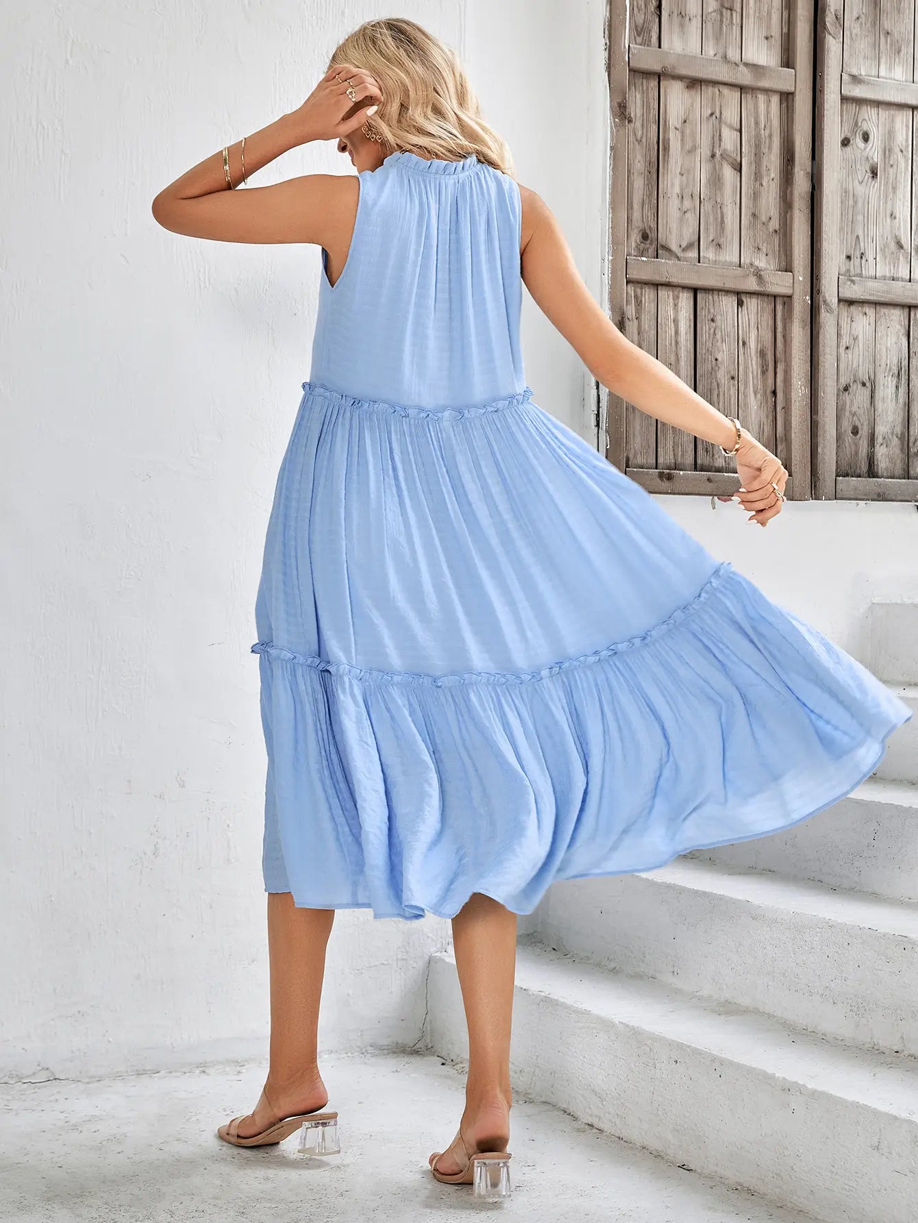 Sleeveless Ruffle Midi Dress - Blue