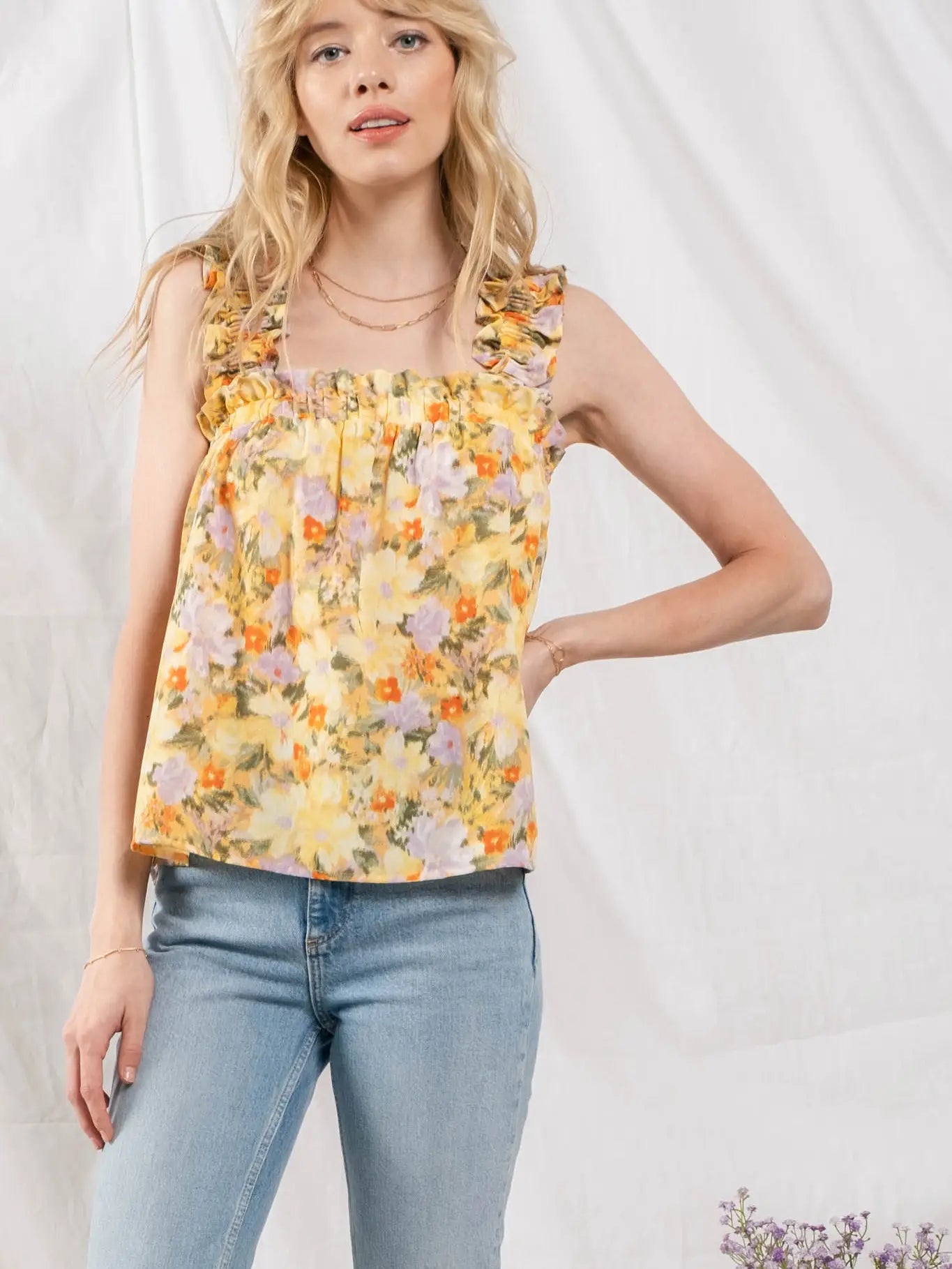 Floral Ruched Top - Apricot
