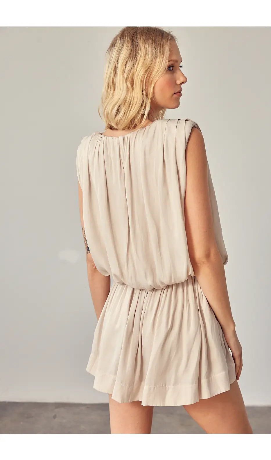 Padded Shoulder Romper Dress - Ecru