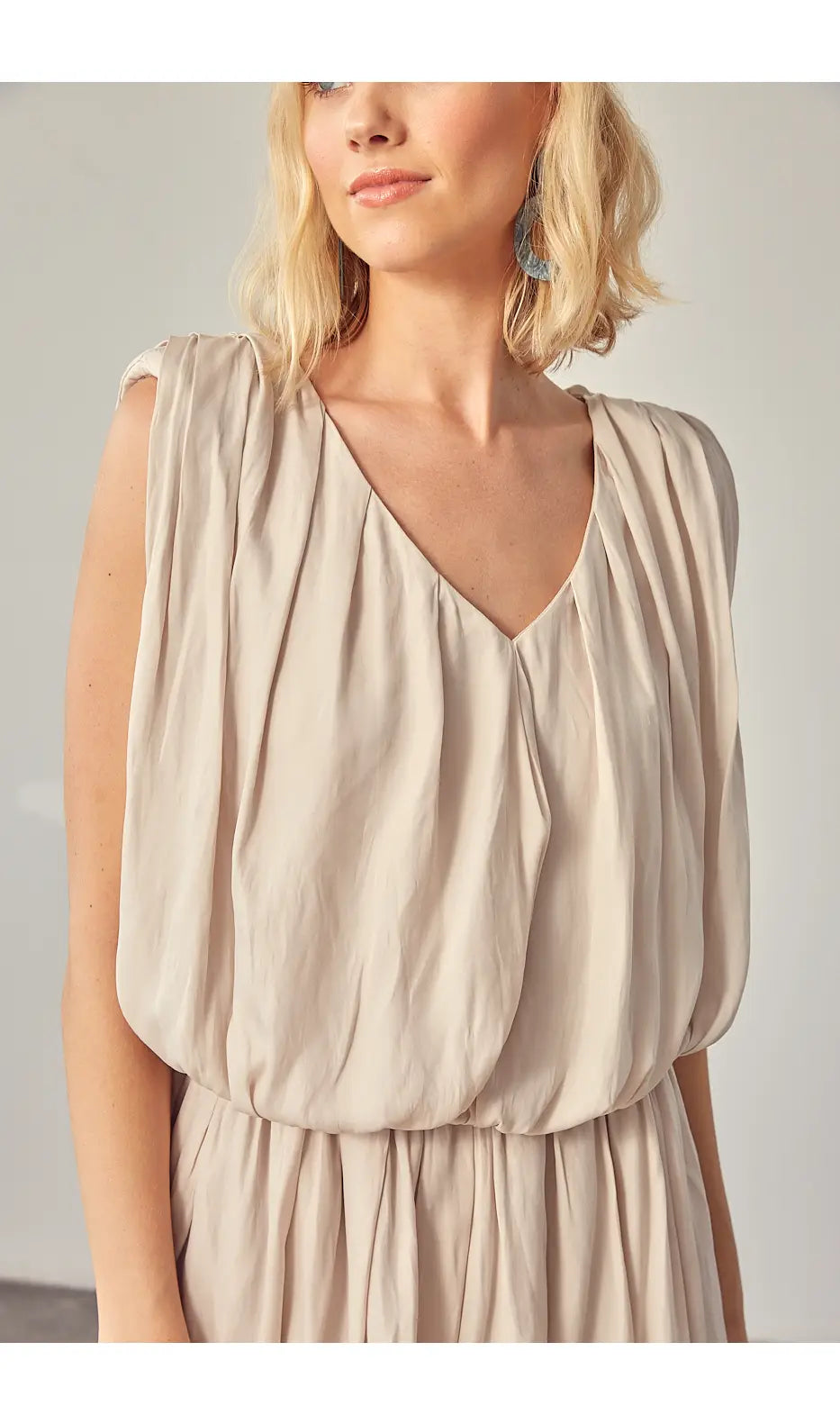 Padded Shoulder Romper Dress - Ecru