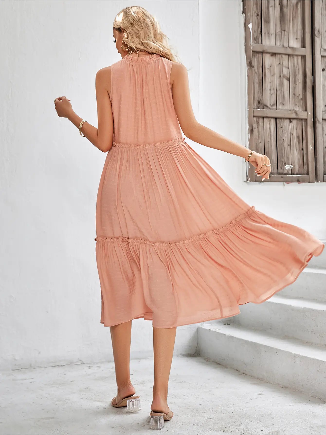 Sleeveless Ruffle Midi Dress - Apricot