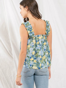 Floral Ruched Top - Blue