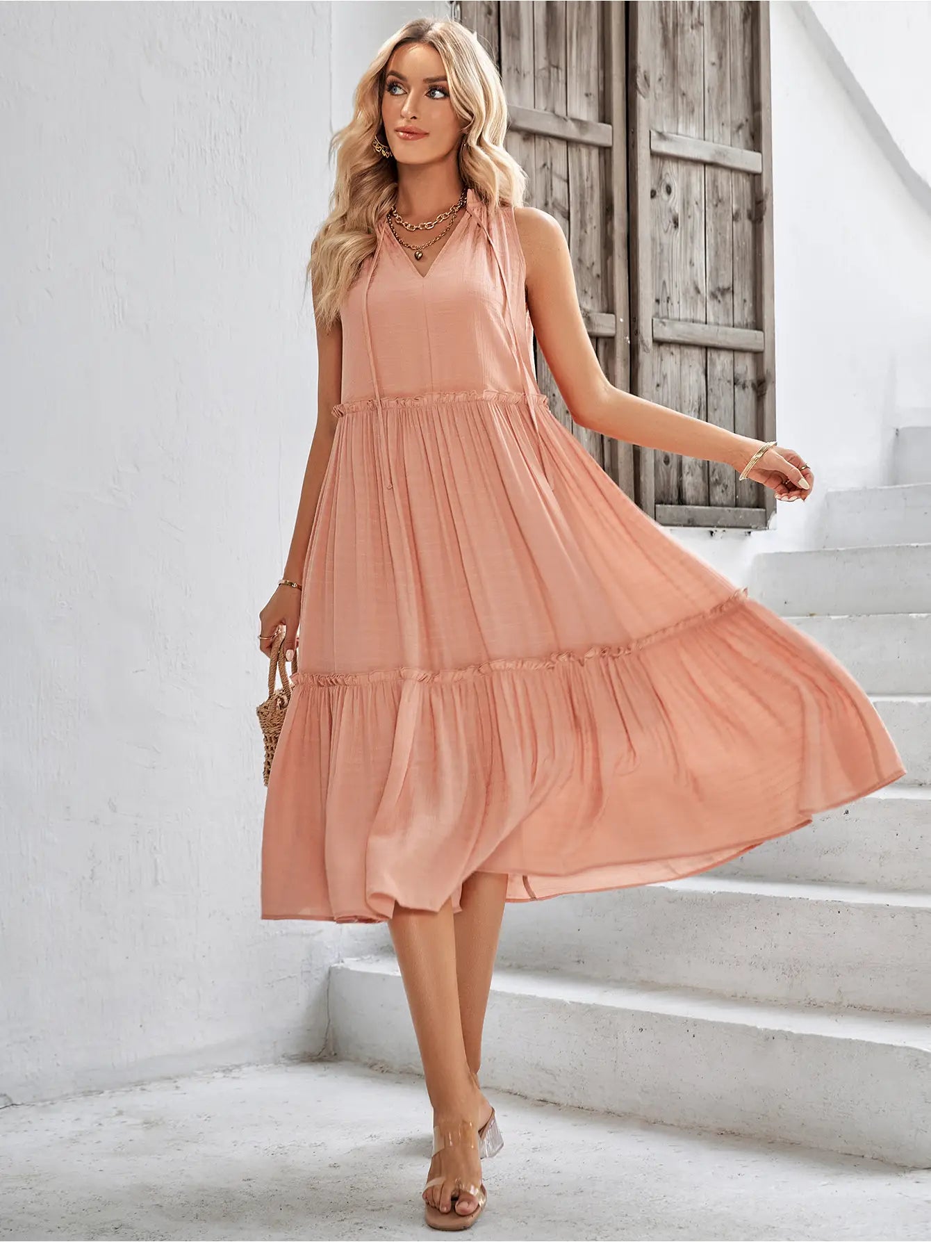 Sleeveless Ruffle Midi Dress - Apricot