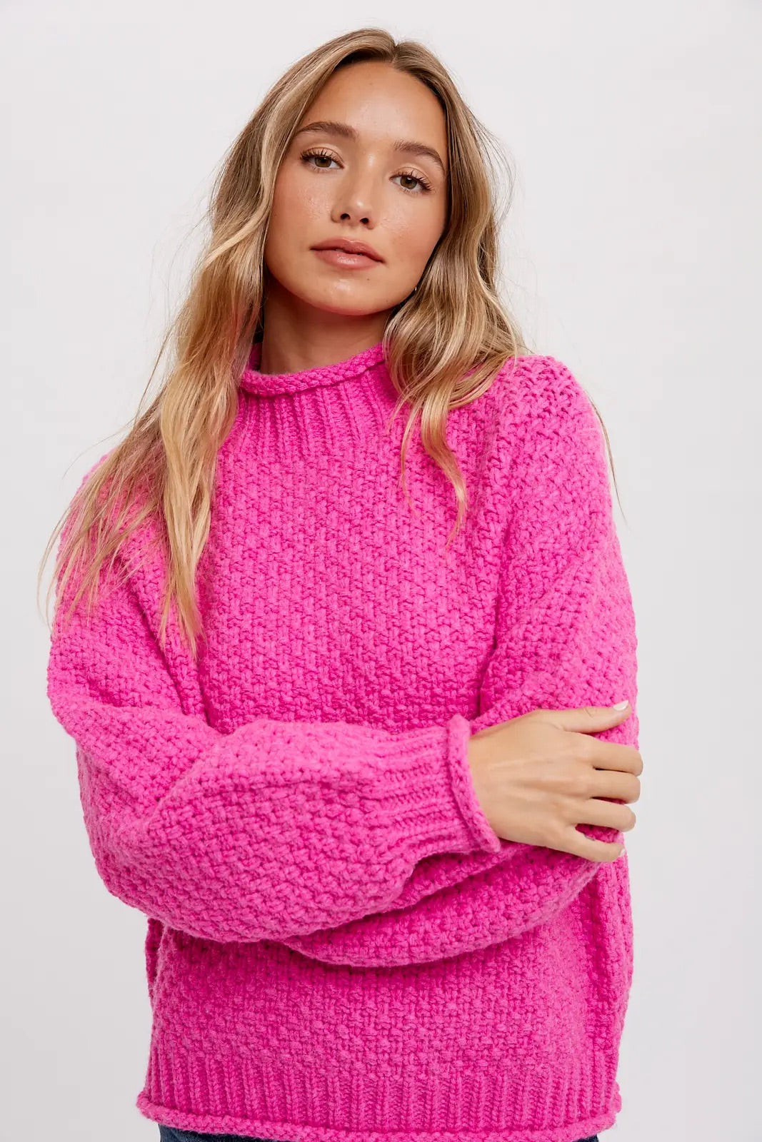 Chunky Waffle Knit Sweater - Pink
