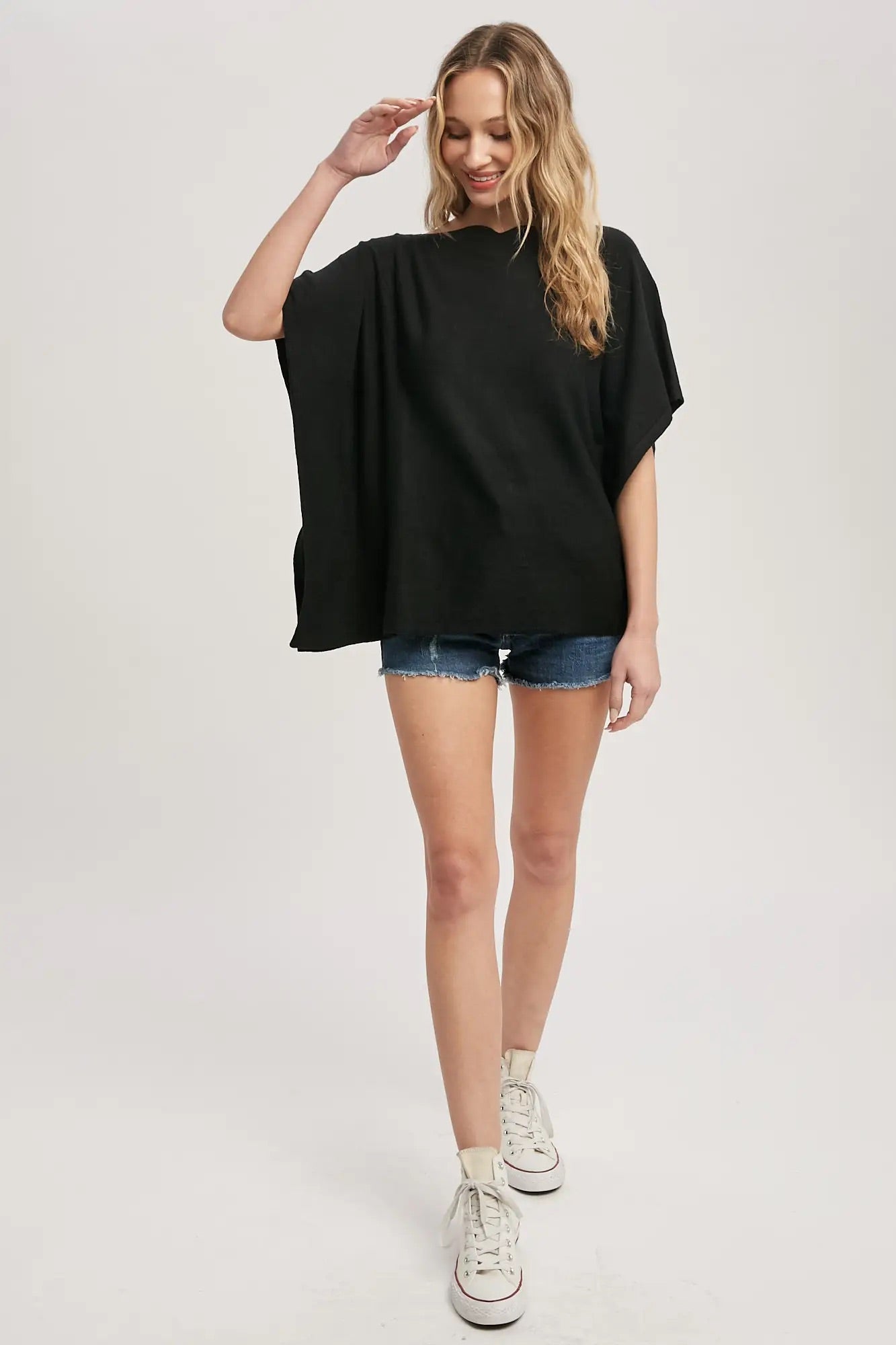 Boatneck Knit Poncho Top - Black