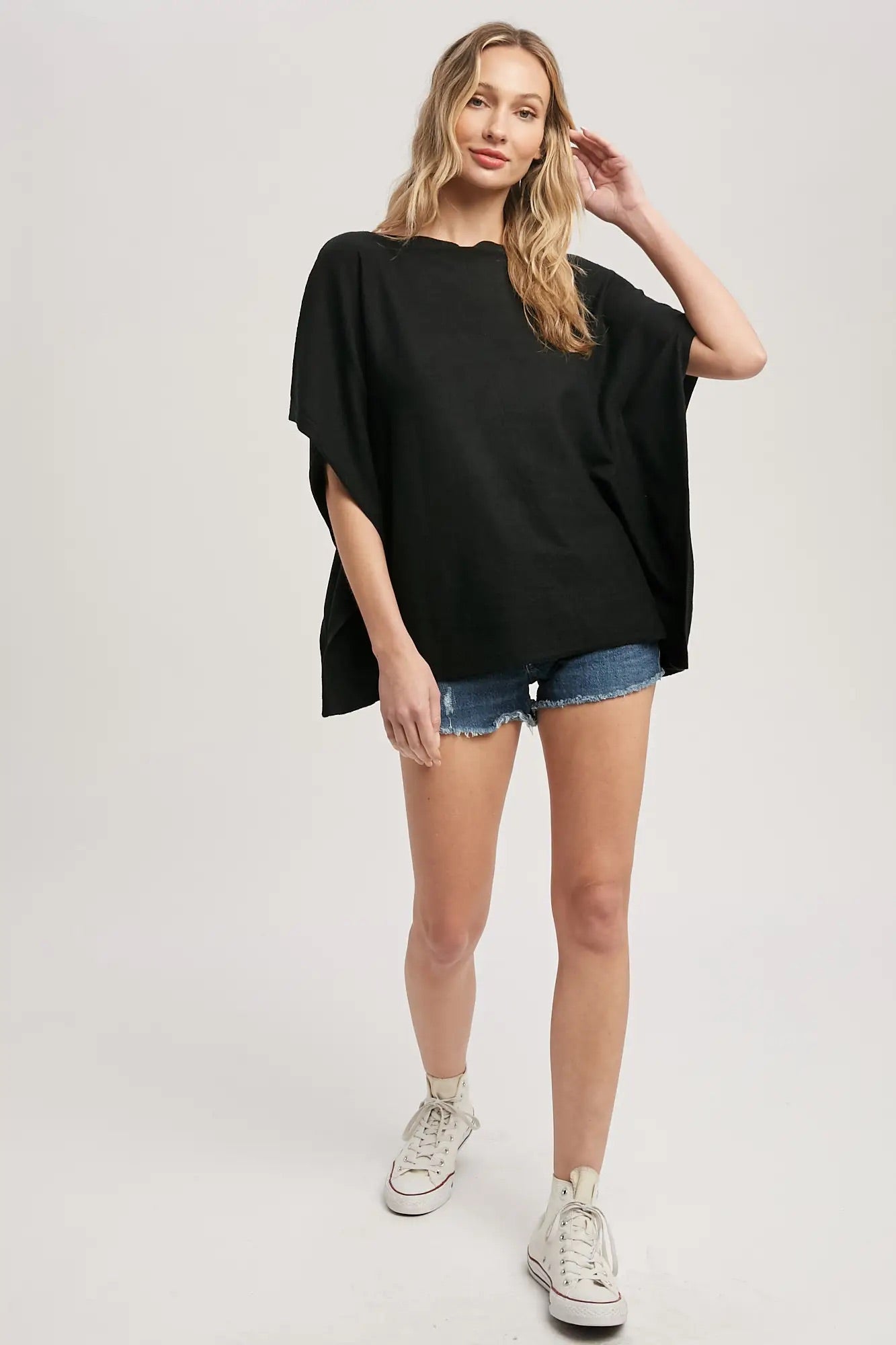 Boatneck Knit Poncho Top - Black