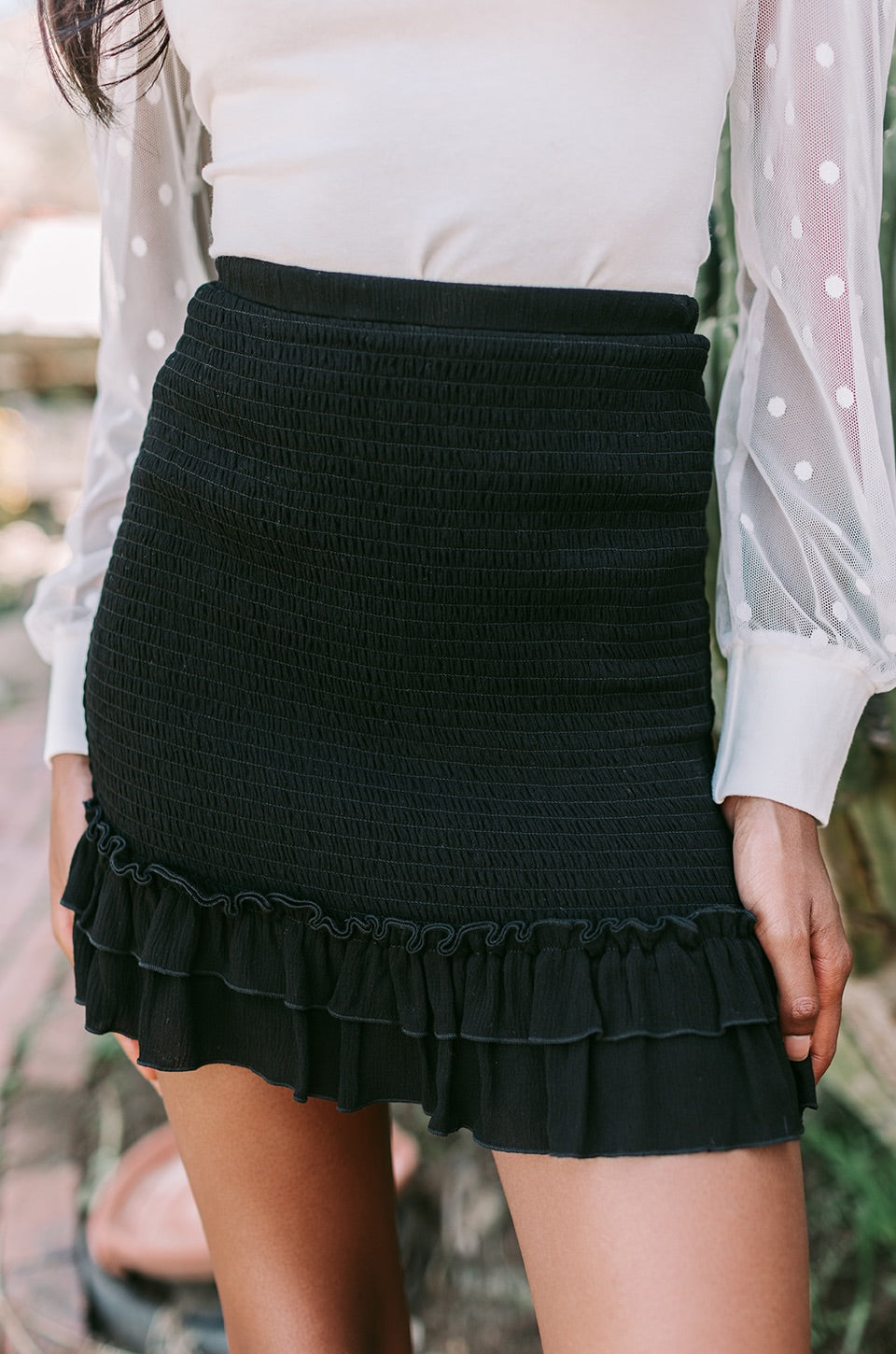 Smocked Ruffle Hem Skirt - Black
