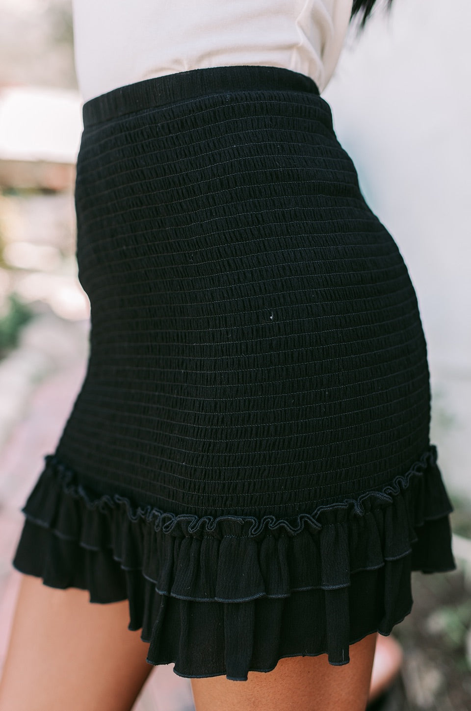 Smocked Ruffle Hem Skirt - Black